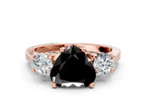 Rose gold Fancy Black Heart Cut Diamond Three-Stone Engagement Ring with Prong Setting and Pavé Band