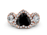 Rose gold Fancy Black Heart Cut Diamond Three-Stone Halo Ring with Prong Setting and Pavé Accents