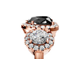 Rose gold Fancy Black Heart Cut Diamond Three-Stone Halo Ring with Prong Setting and Pavé Accents_5