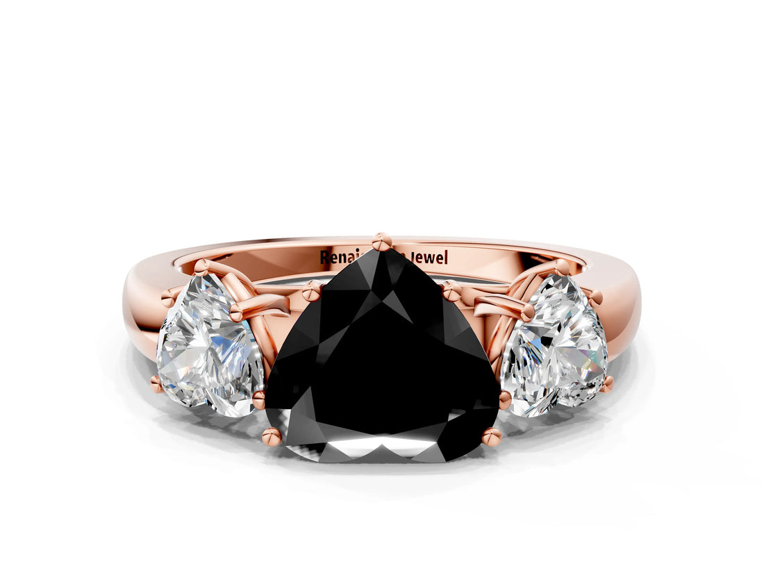 Rose gold Fancy Black Heart Cut Diamond Three-Stone Ring with Four-Prong Setting and Classic Band