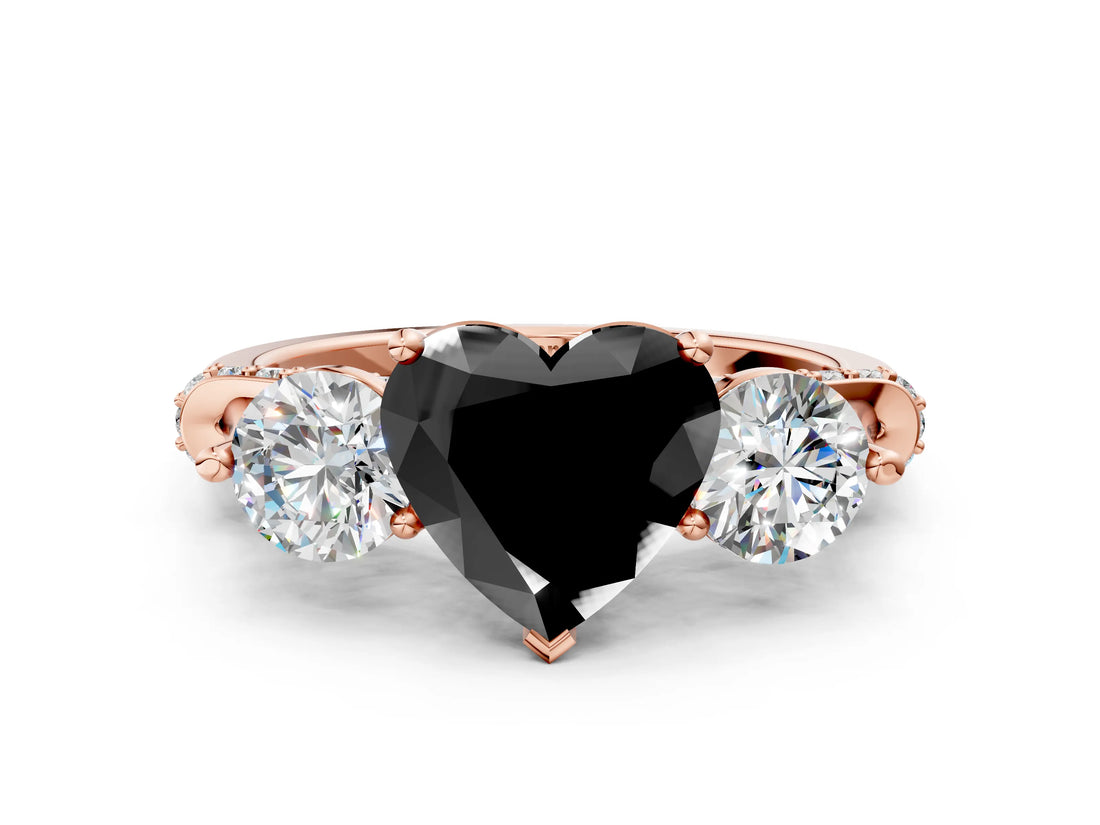 Rose gold Fancy Black Heart Cut Diamond Three-Stone Ring with Prong Setting and Pavé Band