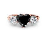 Rose gold Fancy Black Heart Cut Diamond Three-Stone Ring with Prong Setting and Pavé Band