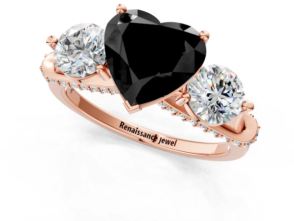 Rose Gold Heart-Shaped Curved Pave Three Stone Engagement Ring Setting for Black Center
