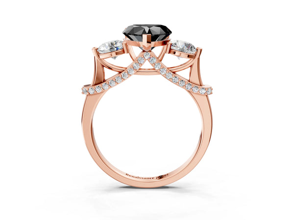 Rose Gold Heart-Shaped Curved Pave Three Stone Engagement Ring Setting for Black Center