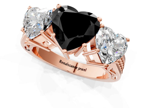 Rose gold Fancy Black Heart Cut Diamond Three-Stone Ring with Prong Setting and Textured Band_1