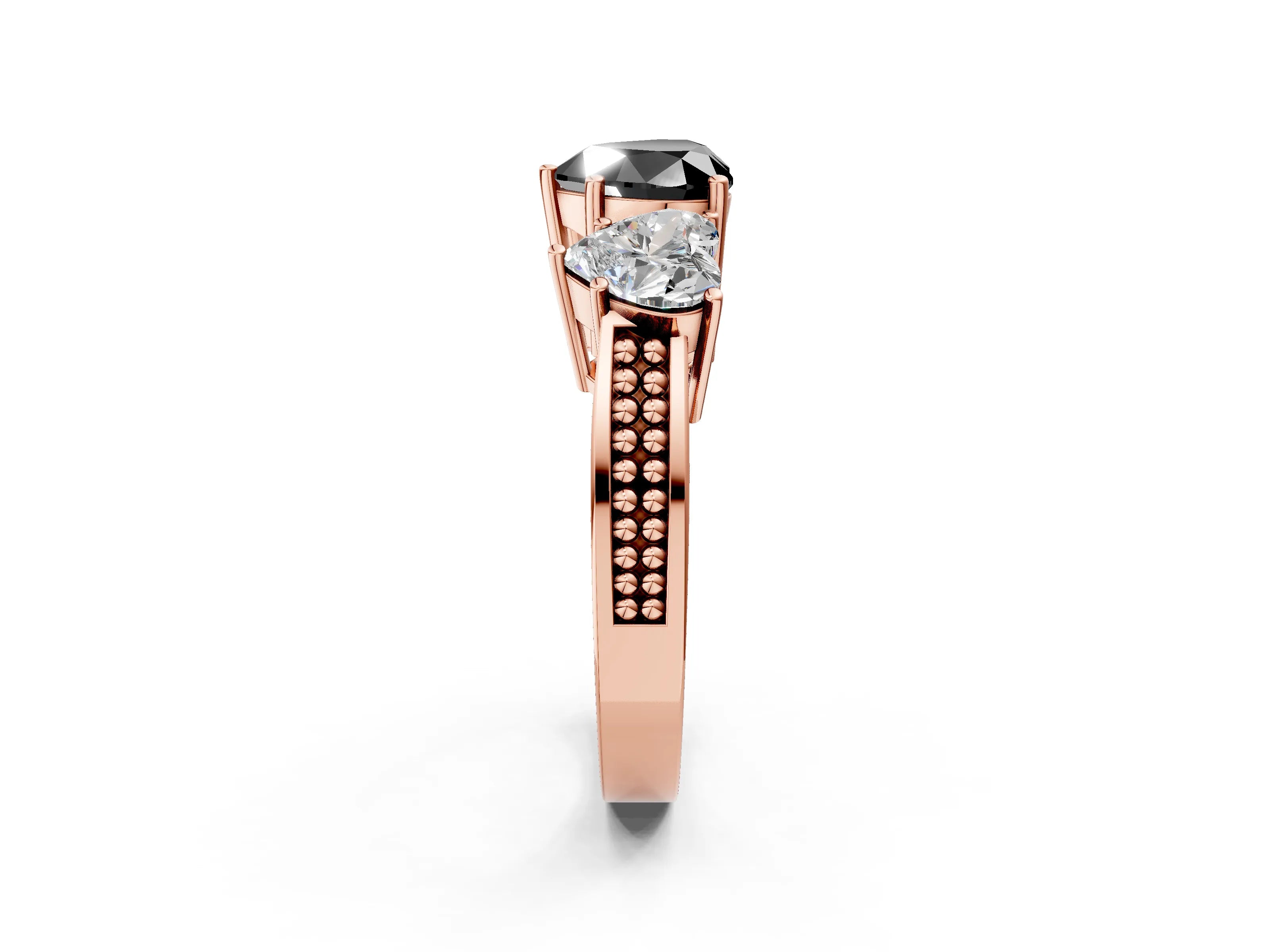 Rose gold Fancy Black Heart Cut Diamond Three-Stone Ring with Prong Setting and Textured Band_2