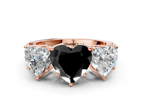 Rose gold Fancy Black Heart Cut Diamond Three-Stone Ring with Prong Setting and Textured Band