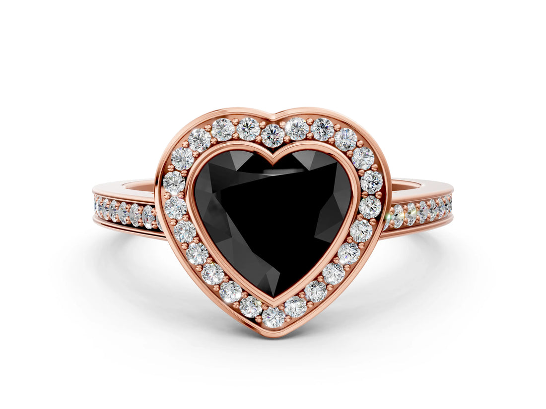 Rose gold Fancy Black Heart Cut Halo Bezel Diamond Pave Band Ring
