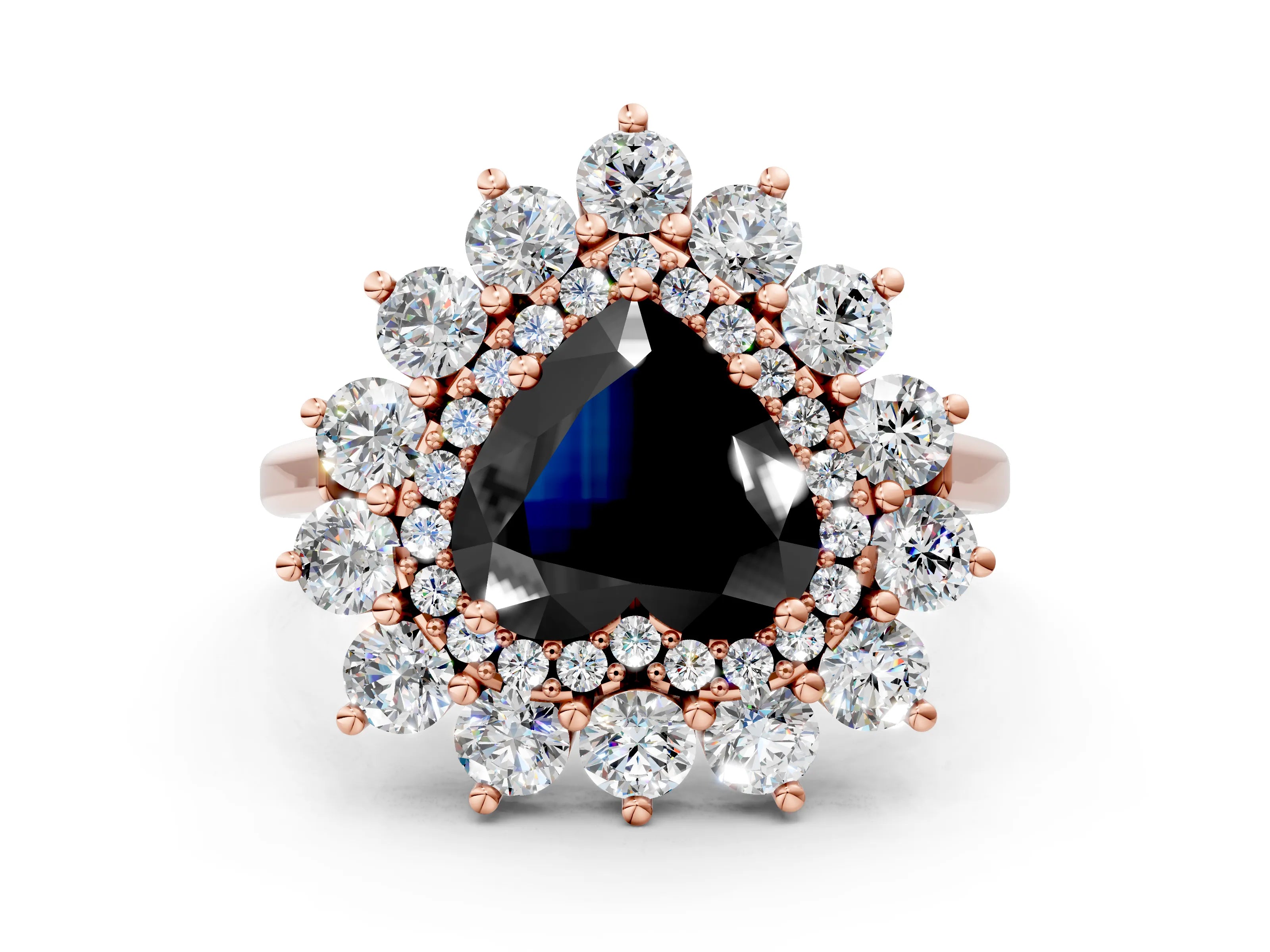 Rose gold Fancy Black Heart Cut Halo Cluster Diamond Ring with Pave Band and Four-Prong Setting