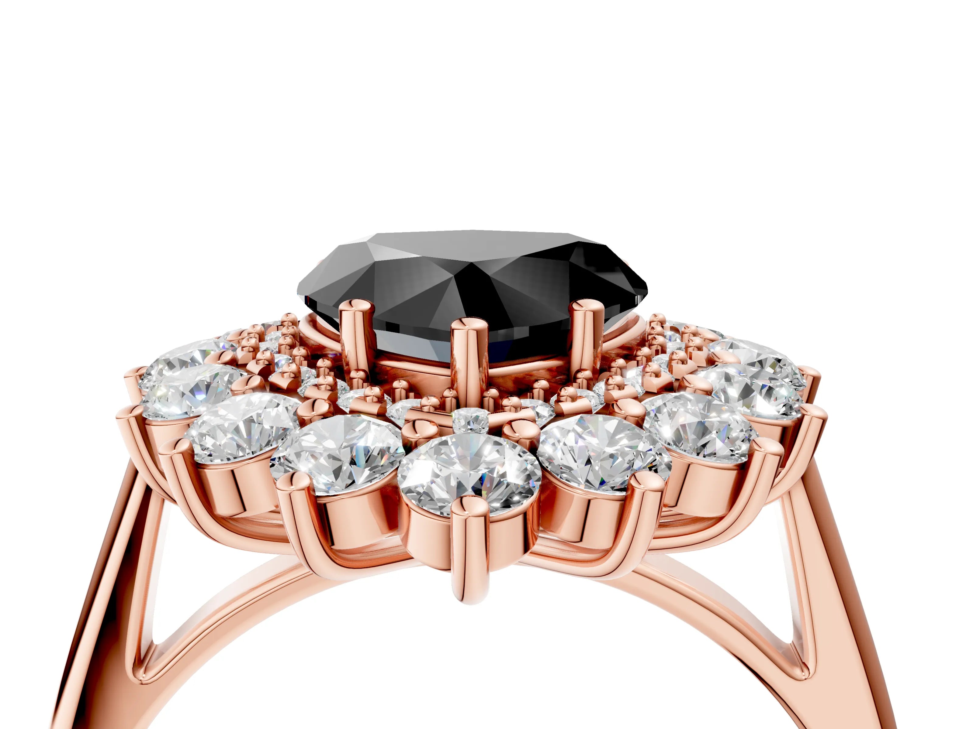 Rose gold Fancy Black Heart Cut Halo Cluster Diamond Ring with Pave Band and Four-Prong Setting_16