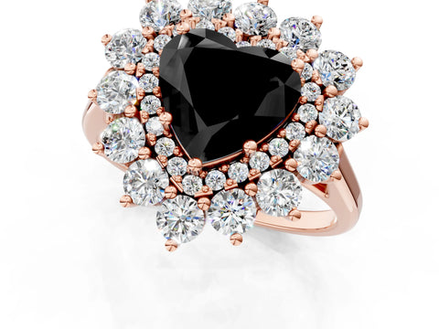 Rose gold Fancy Black Heart Cut Halo Cluster Diamond Ring with Pave Band and Four-Prong Setting_1