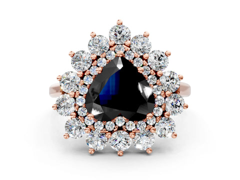 Rose gold Fancy Black Heart Cut Halo Cluster Diamond Ring with Pave Band and Four-Prong Setting