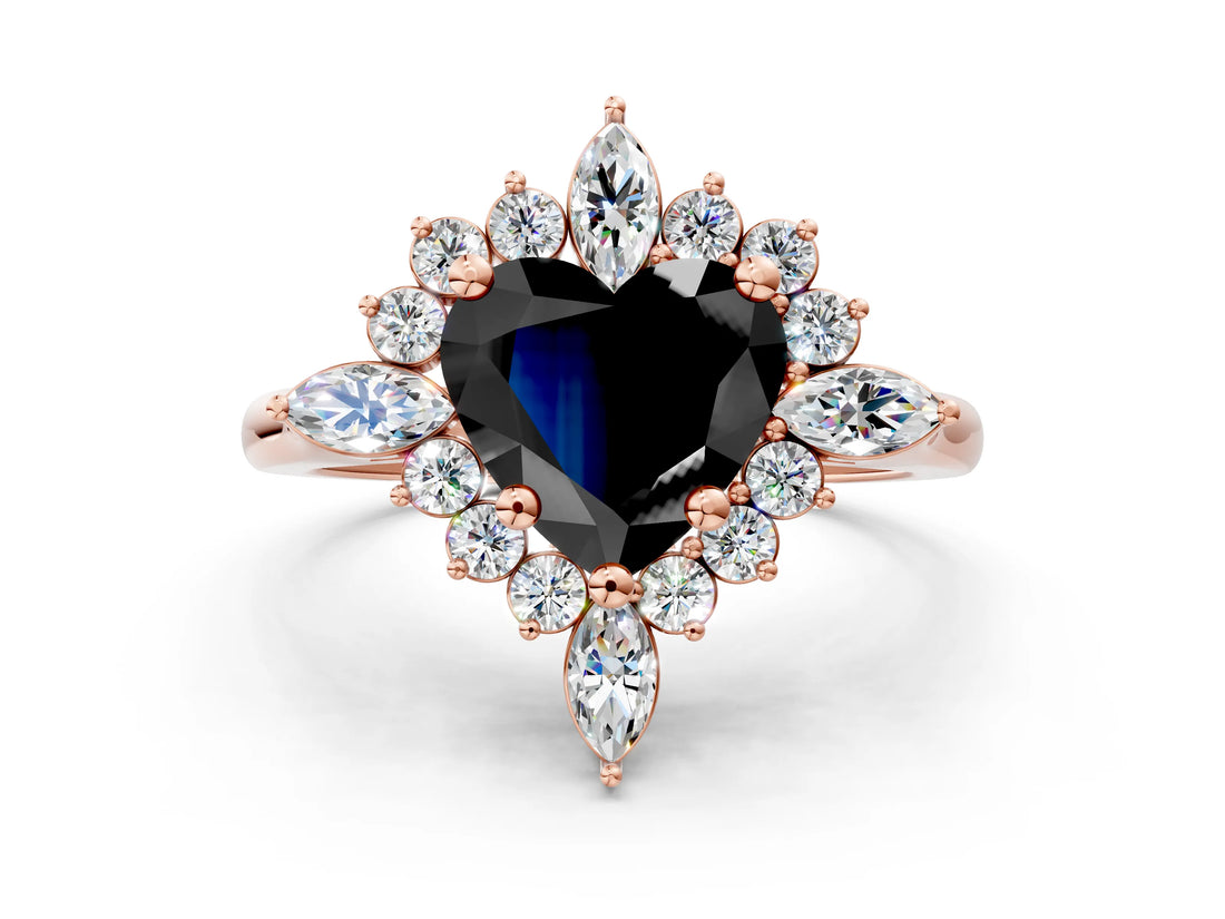 Rose gold Fancy Black Heart Cut Halo Diamond Cluster Ring with Marquise and Round Stones on a White Gold Band with Prong Setting
