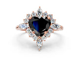 Rose gold Fancy Black Heart Cut Halo Diamond Cluster Ring with Marquise and Round Stones on a White Gold Band with Prong Setting