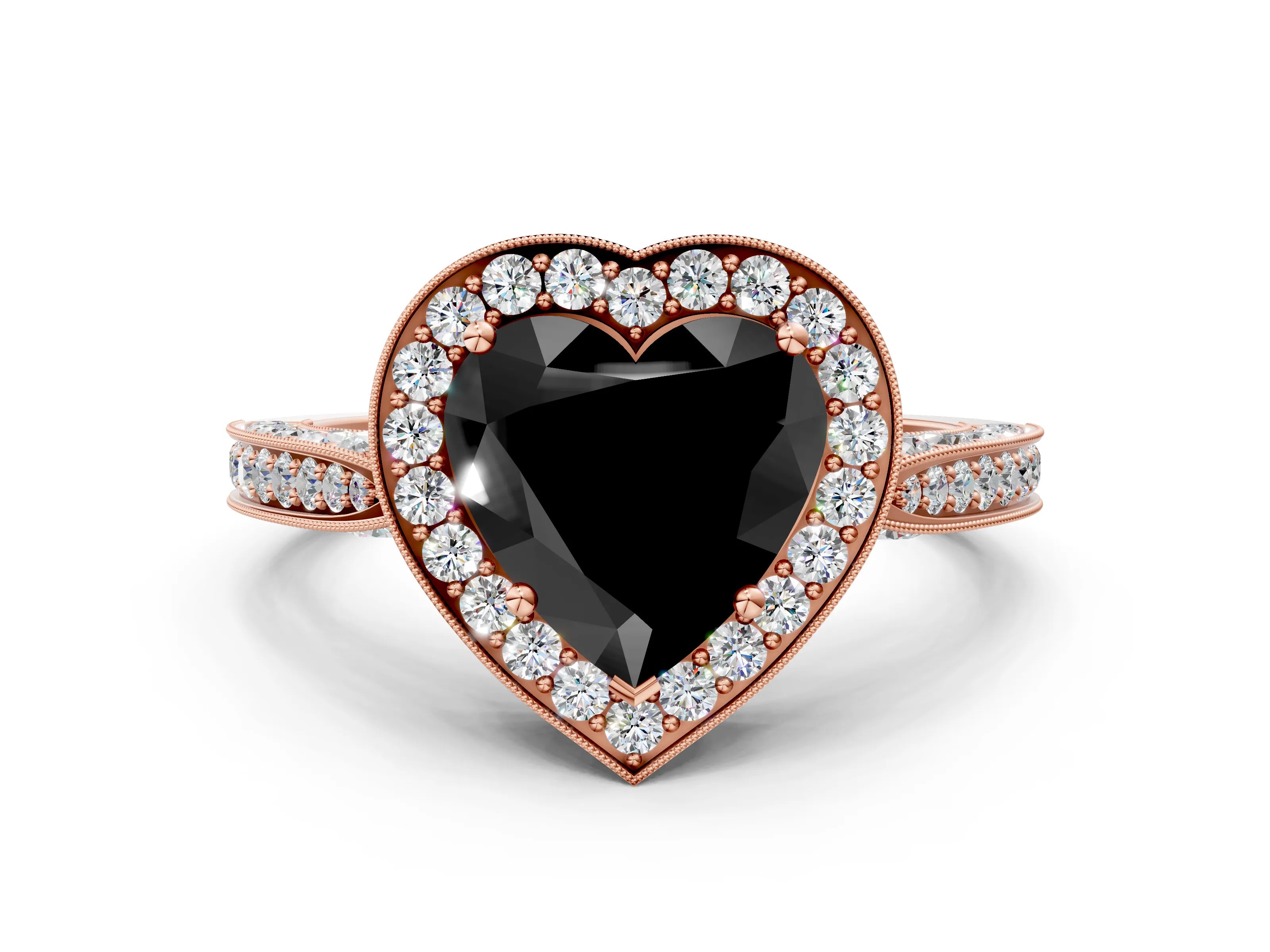 Rose gold Fancy Black Heart Cut Halo Diamond Engagement Ring with Split Shank Band and Four-Prong Setting