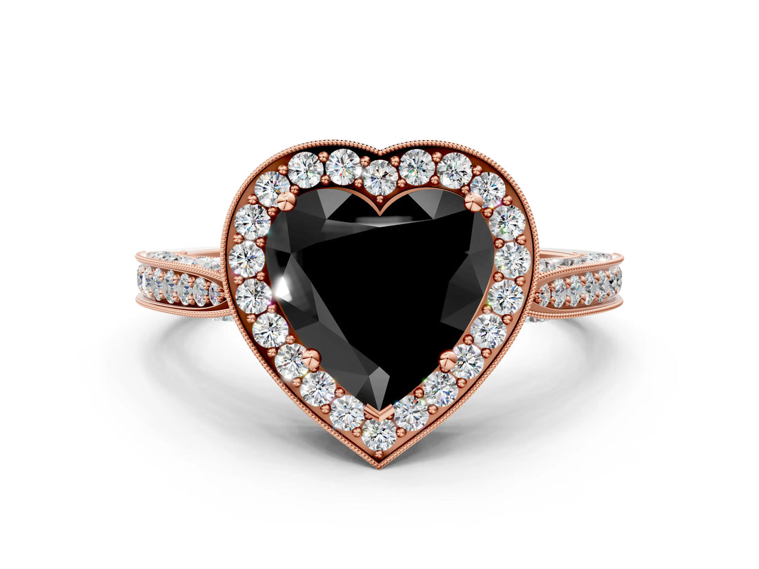 Rose gold Fancy Black Heart Cut Halo Diamond Engagement Ring with Split Shank Band and Four-Prong Setting