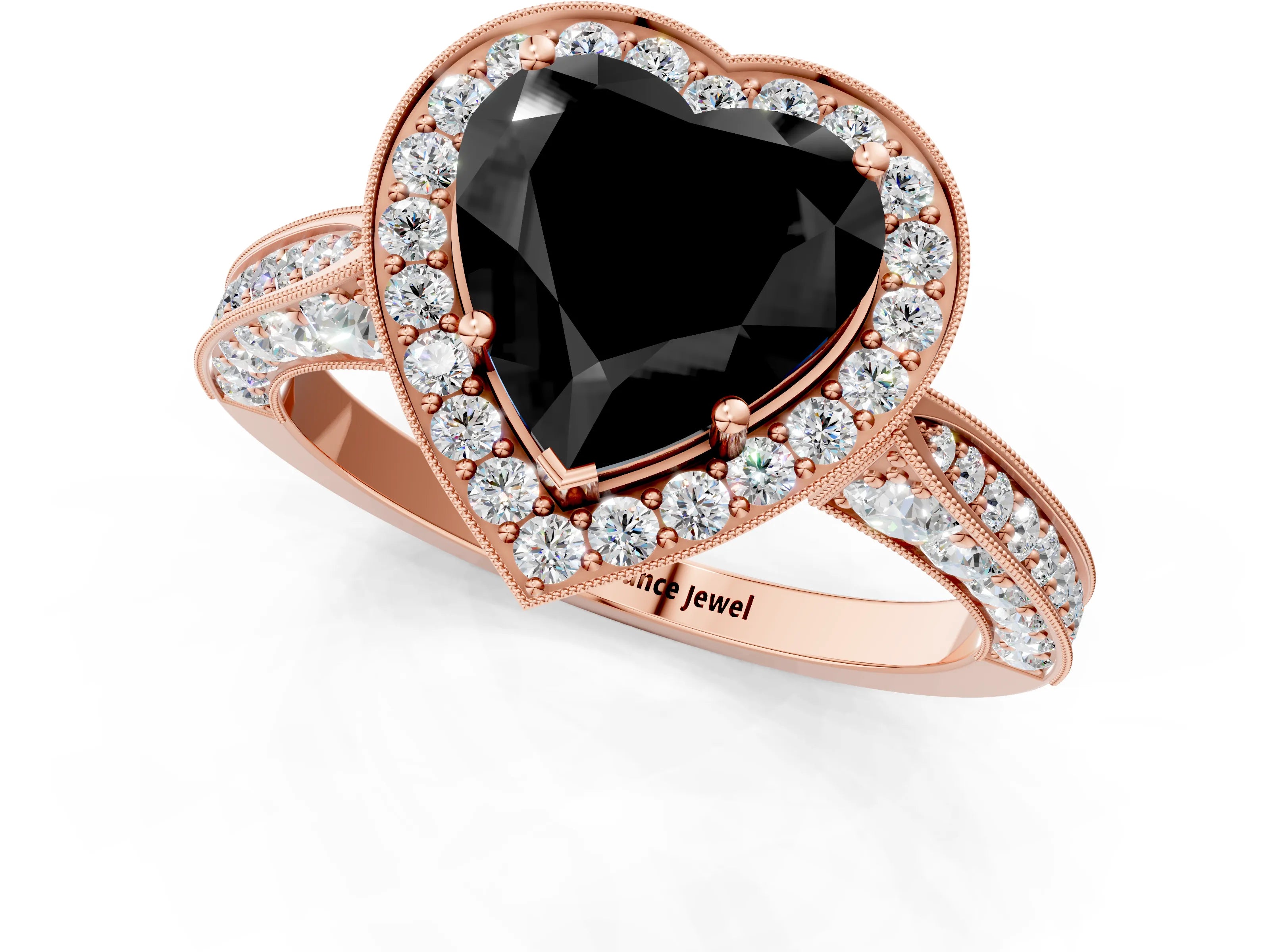 Rose gold Fancy Black Heart Cut Halo Diamond Engagement Ring with Split Shank Band and Four-Prong Setting_1
