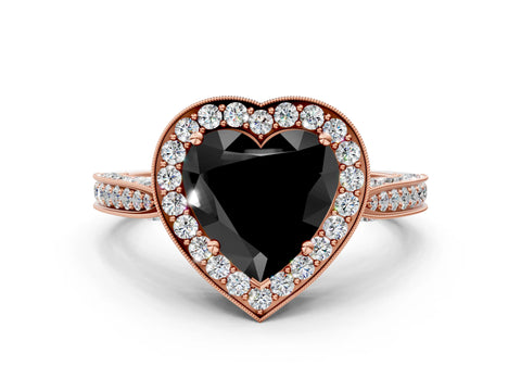 Rose gold Fancy Black Heart Cut Halo Diamond Engagement Ring with Split Shank Band and Four-Prong Setting