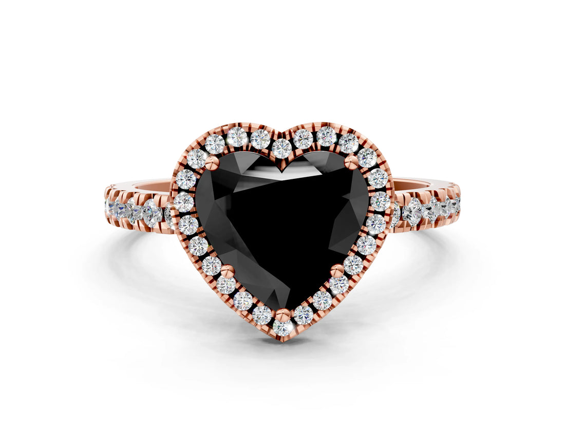 Rose gold Fancy Black Heart Cut Halo Diamond Pave Band with Prong Setting