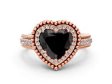 Rose gold Fancy Black Heart Cut Halo Diamond Ring with Beaded Split Shank and Four-Prong Setting