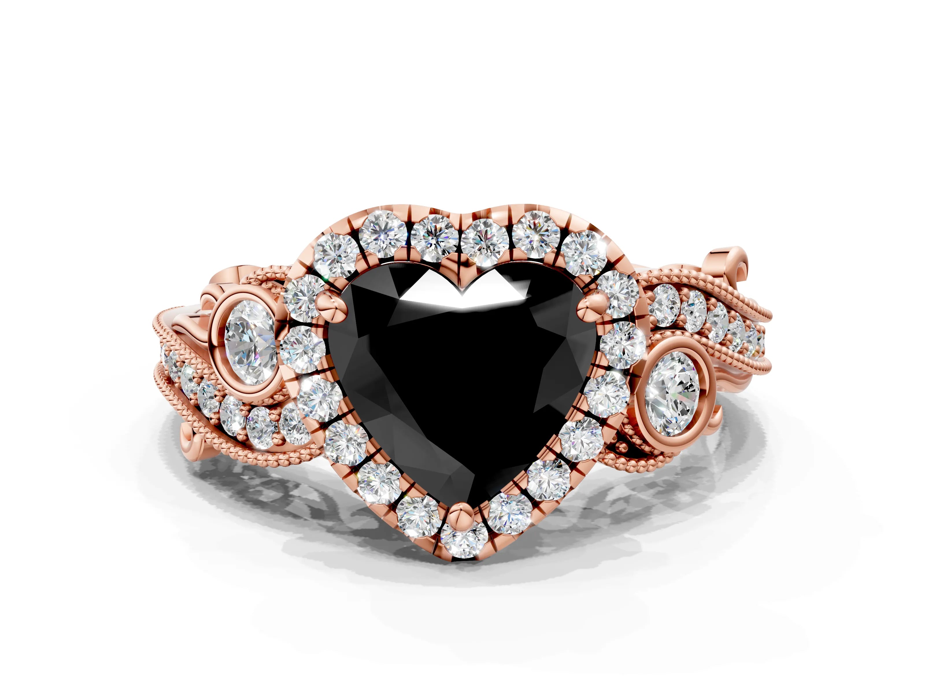 Rose gold Fancy Black Heart Cut Halo Diamond Ring with Milgrain and Bezel Accents on a Split Shank Band