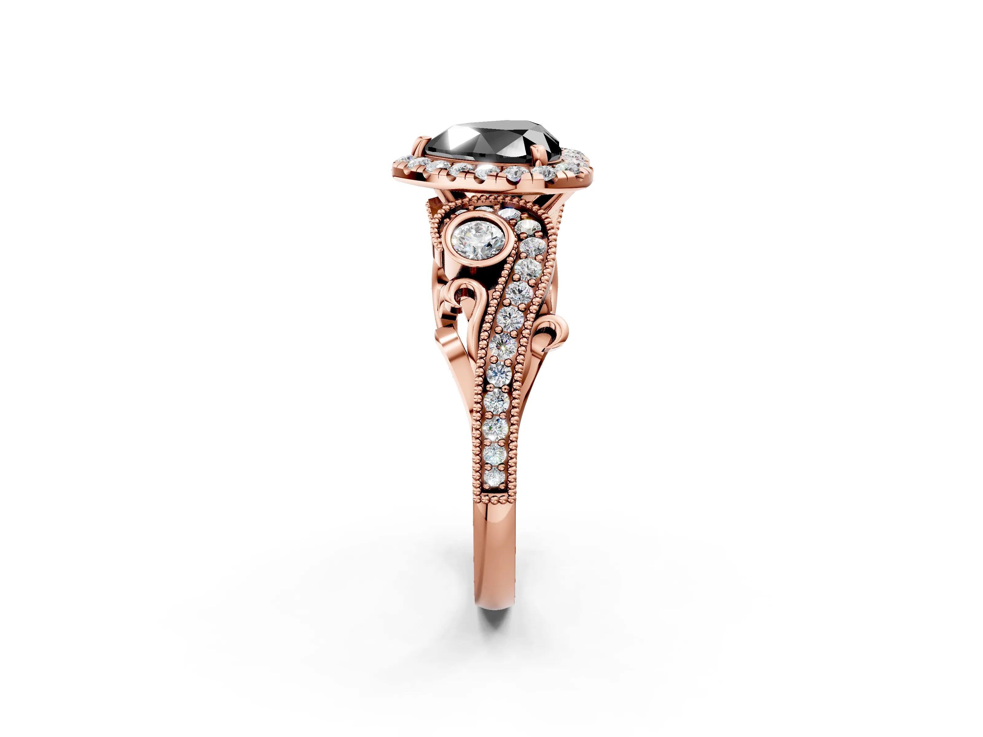 Rose gold Fancy Black Heart Cut Halo Diamond Ring with Milgrain and Bezel Accents on a Split Shank Band_2