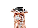 Rose gold Fancy Black Heart Cut Halo Diamond Ring with Milgrain and Bezel Accents on a Split Shank Band_29