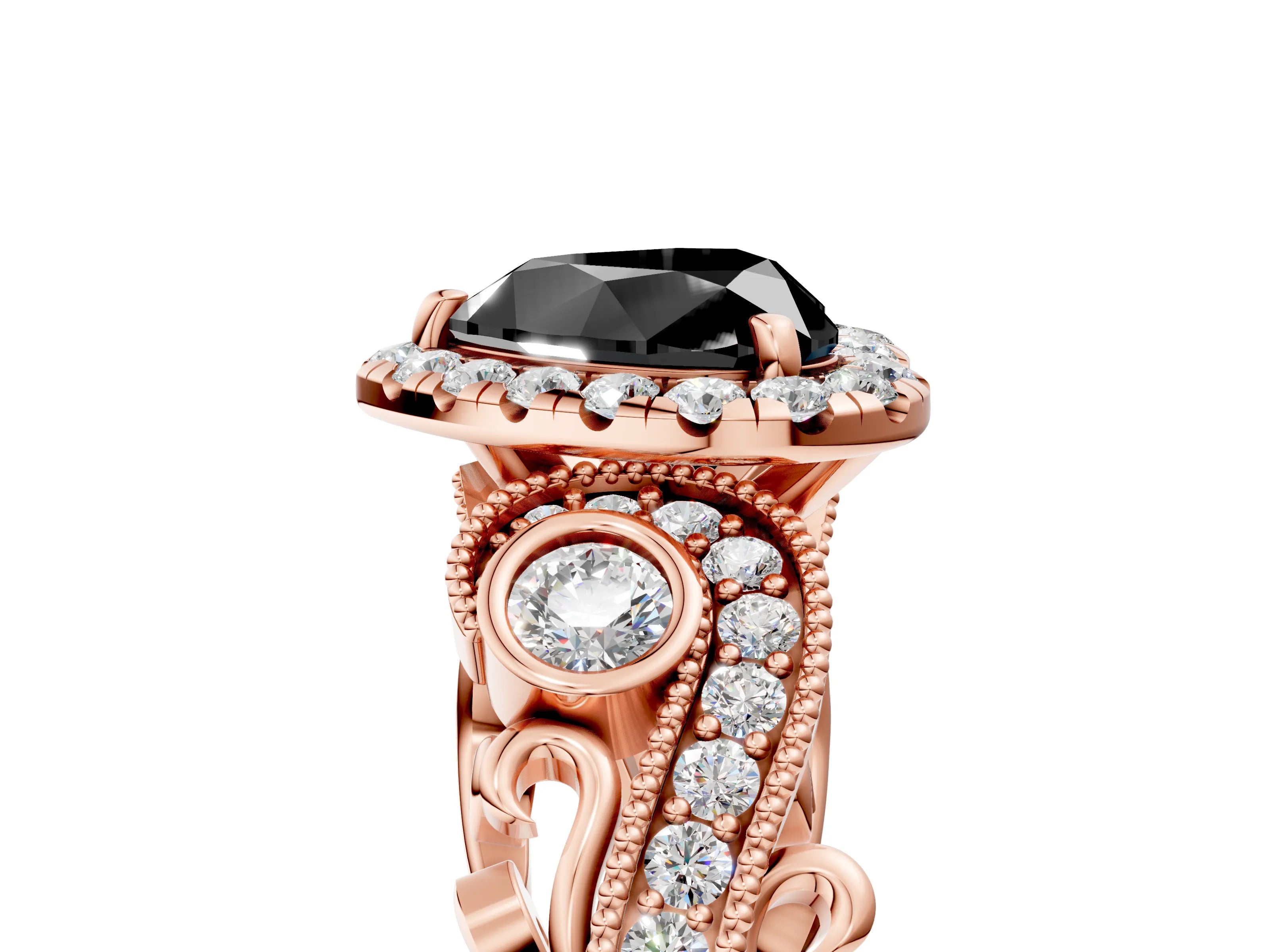 Rose gold Fancy Black Heart Cut Halo Diamond Ring with Milgrain and Bezel Accents on a Split Shank Band_5