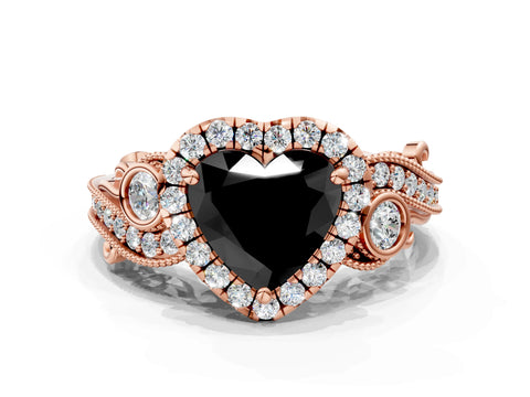 Rose gold Fancy Black Heart Cut Halo Diamond Ring with Milgrain and Bezel Accents on a Split Shank Band