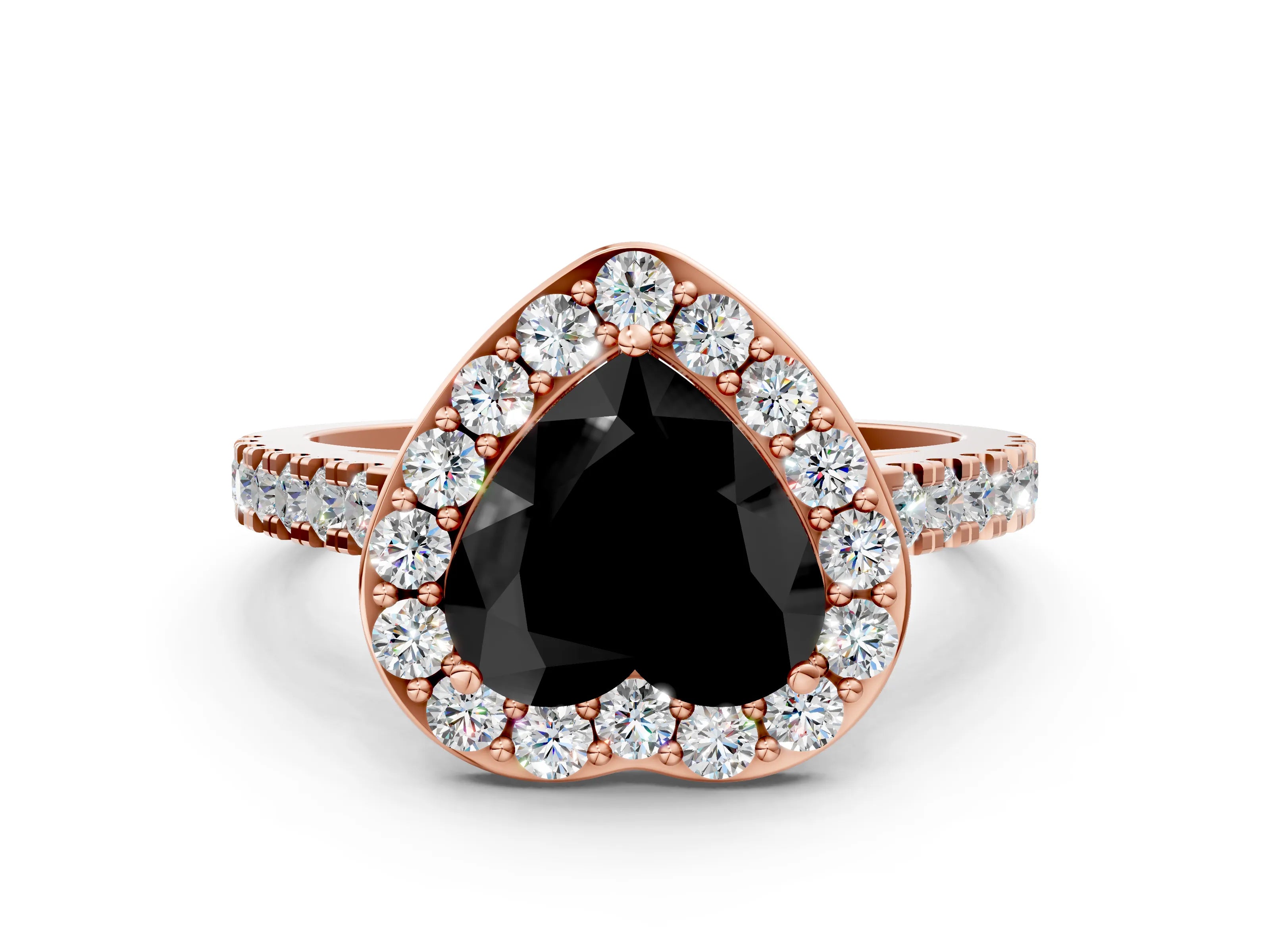 Rose gold Fancy Black Heart Cut Halo Diamond Ring with Pavé Band and Three-Prong Setting