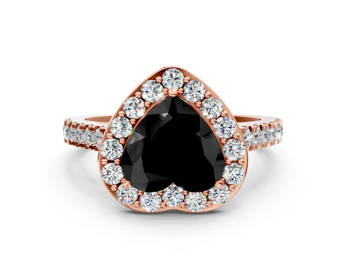 Rose gold Fancy Black Heart Cut Halo Diamond Ring with Pavé Band and Three-Prong Setting