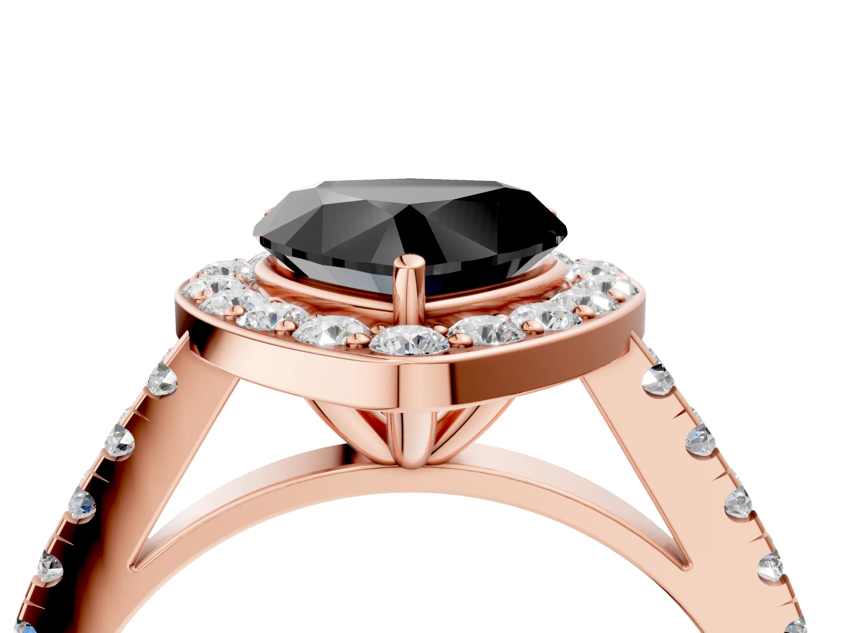 Rose gold Fancy Black Heart Cut Halo Diamond Ring with Pavé Band and Three-Prong Setting_4