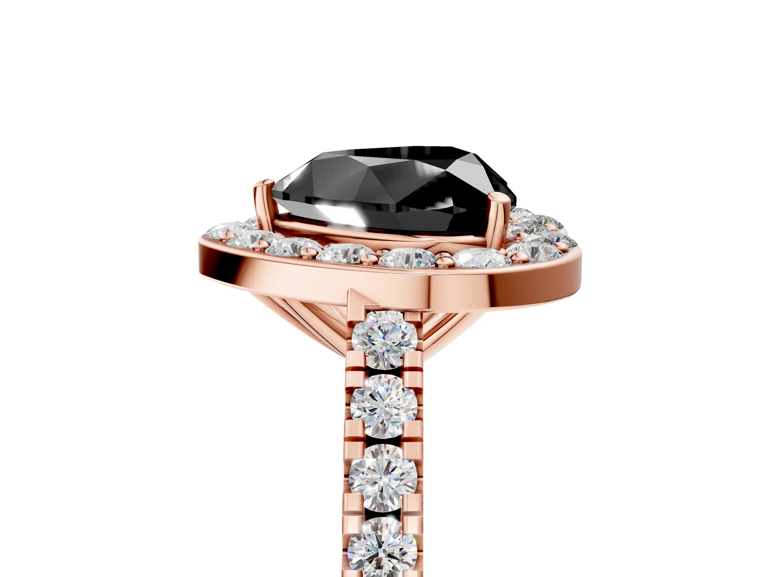 Rose gold Fancy Black Heart Cut Halo Diamond Ring with Pavé Band and Three-Prong Setting_5