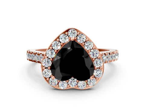 Rose gold Fancy Black Heart Cut Halo Diamond Ring with Pavé Band and Three-Prong Setting