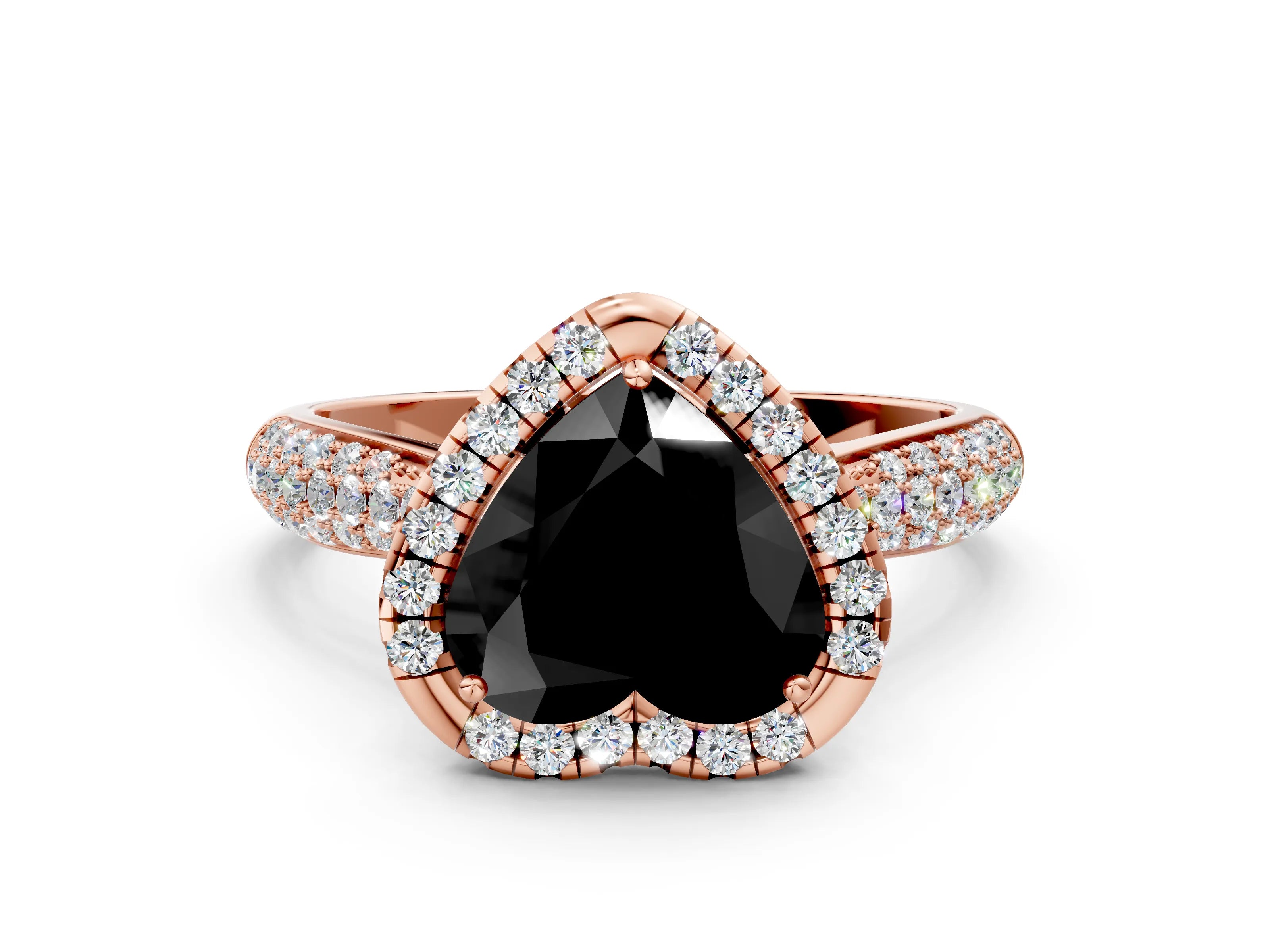 Rose gold Fancy Black Heart Cut Halo Diamond Ring with Pavé Band