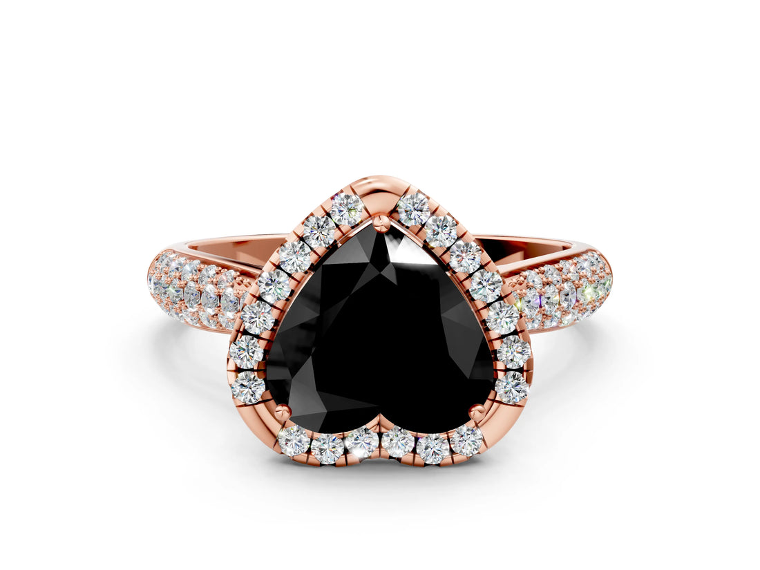 Rose gold Fancy Black Heart Cut Halo Diamond Ring with Pavé Band