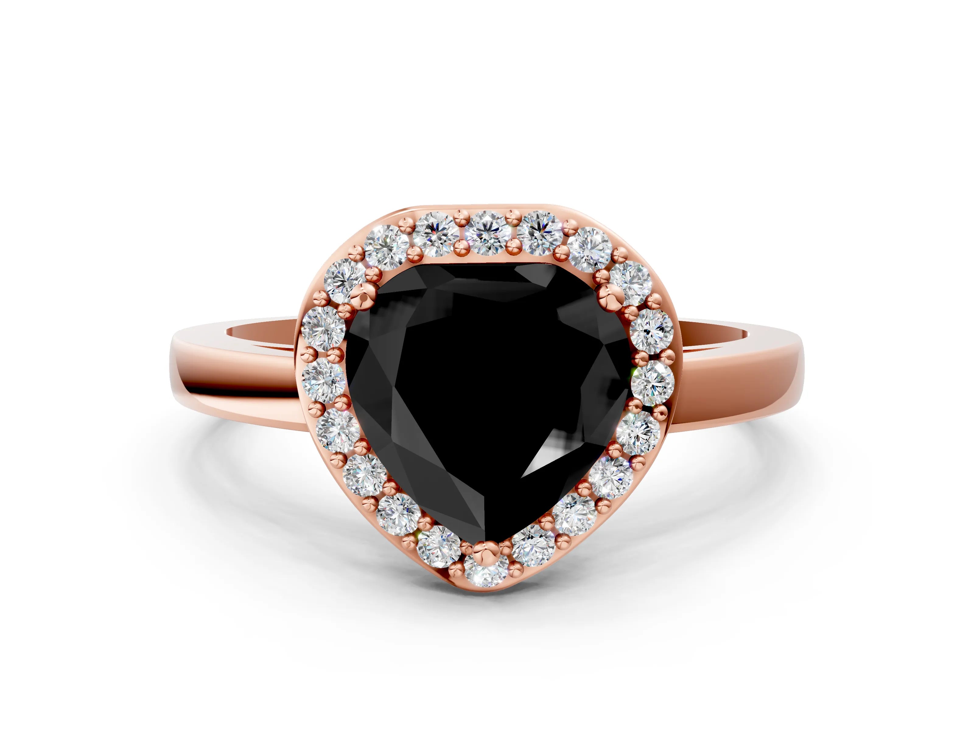 Rose gold Fancy Black Heart Cut Halo Diamond Ring with Solitaire Band and Prong Setting