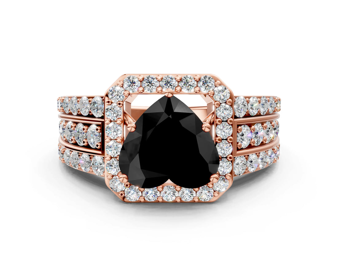 Rose gold Fancy Black Heart Cut Halo Diamond Ring with Split Shank and Four-Prong Setting