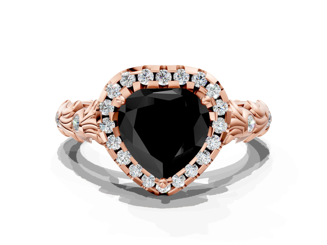 Rose gold Fancy Black Heart Cut Halo Diamond Solitaire with Filigree Band and Four-Prong Setting