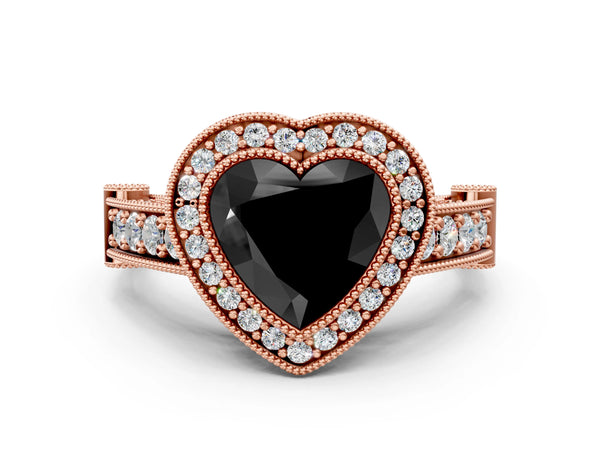 Rose Gold Heart-Shaped Vintage Bezel Halo Engagement Ring Setting for Black Center