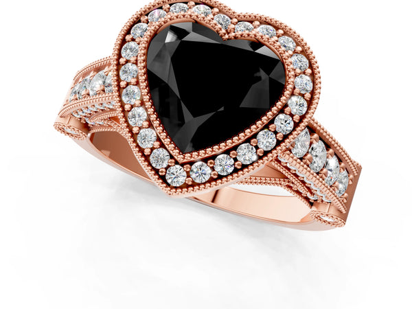 Rose Gold Heart-Shaped Vintage Bezel Halo Engagement Ring Setting for Black Center