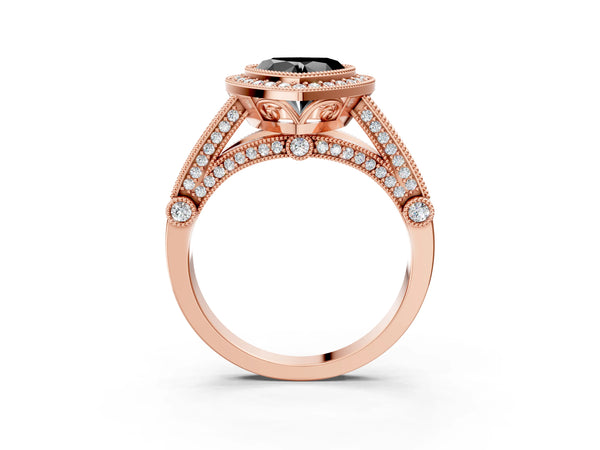 Rose Gold Heart-Shaped Vintage Bezel Halo Engagement Ring Setting for Black Center