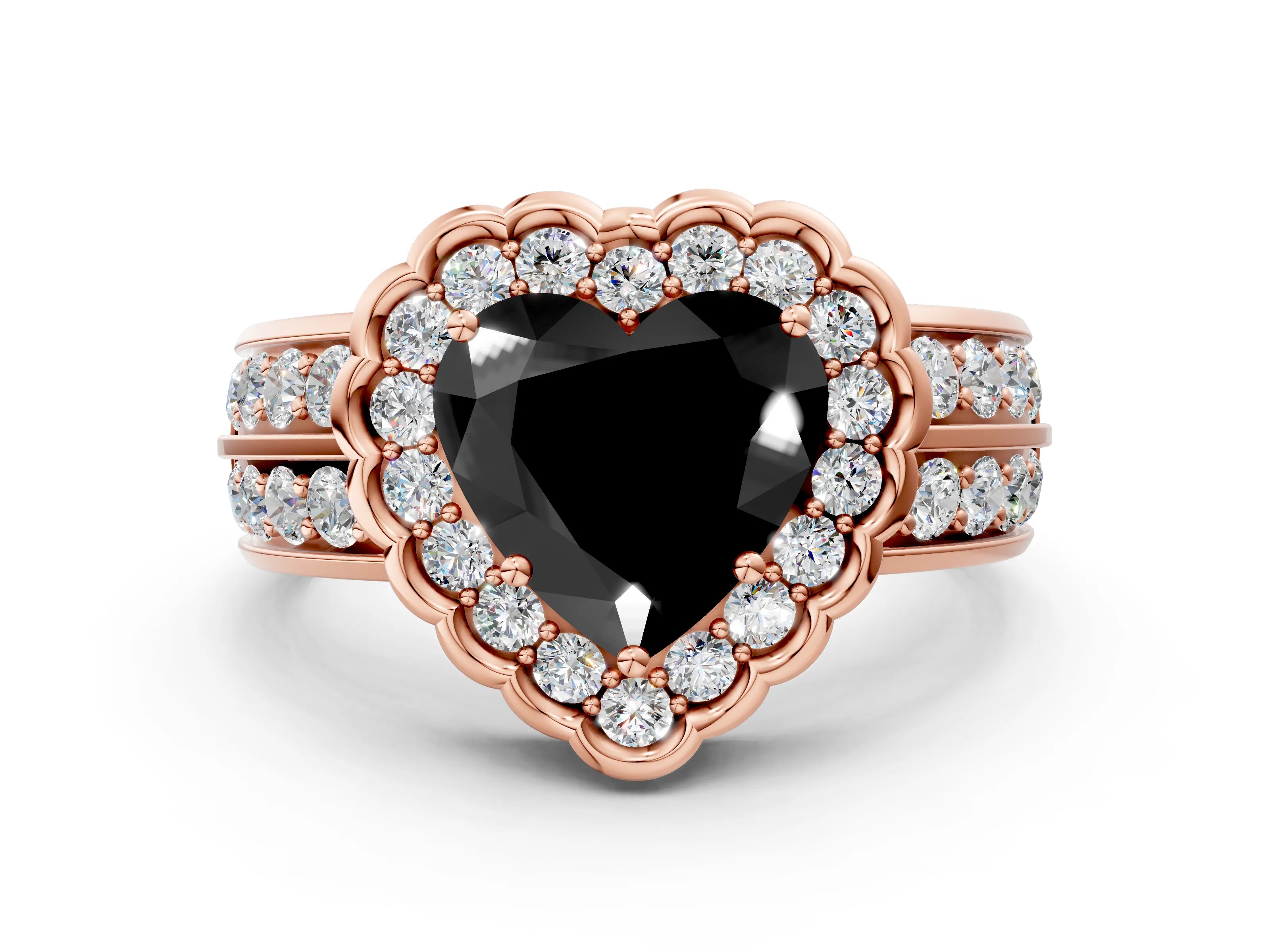Rose gold Fancy Black Heart Cut Halo Diamond Split Shank Ring with Scalloped Prong Setting