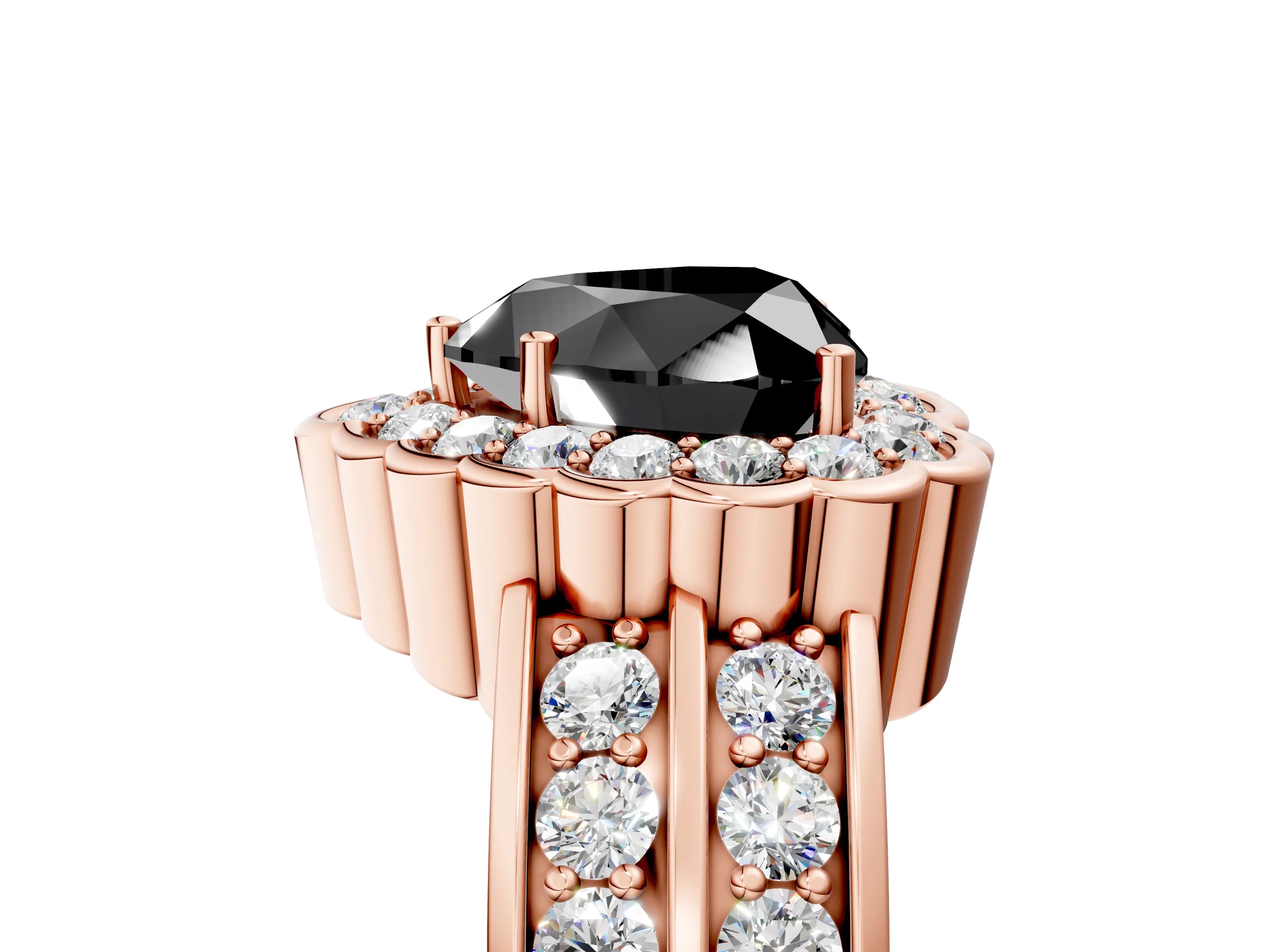 Rose gold Fancy Black Heart Cut Halo Diamond Split Shank Ring with Scalloped Prong Setting_5