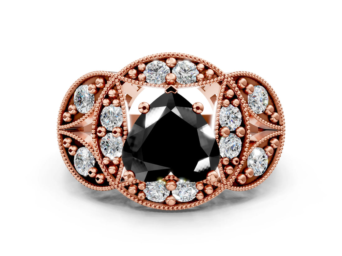 Rose gold Fancy Black Heart Cut Halo Milgrain Diamond Engagement Ring with Leaf Band and Four-Prong Setting
