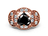Rose gold Fancy Black Heart Cut Halo Milgrain Diamond Engagement Ring with Leaf Band and Four-Prong Setting