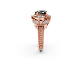 Rose gold Fancy Black Heart Cut Halo Milgrain Diamond Engagement Ring with Leaf Band and Four-Prong Setting_2