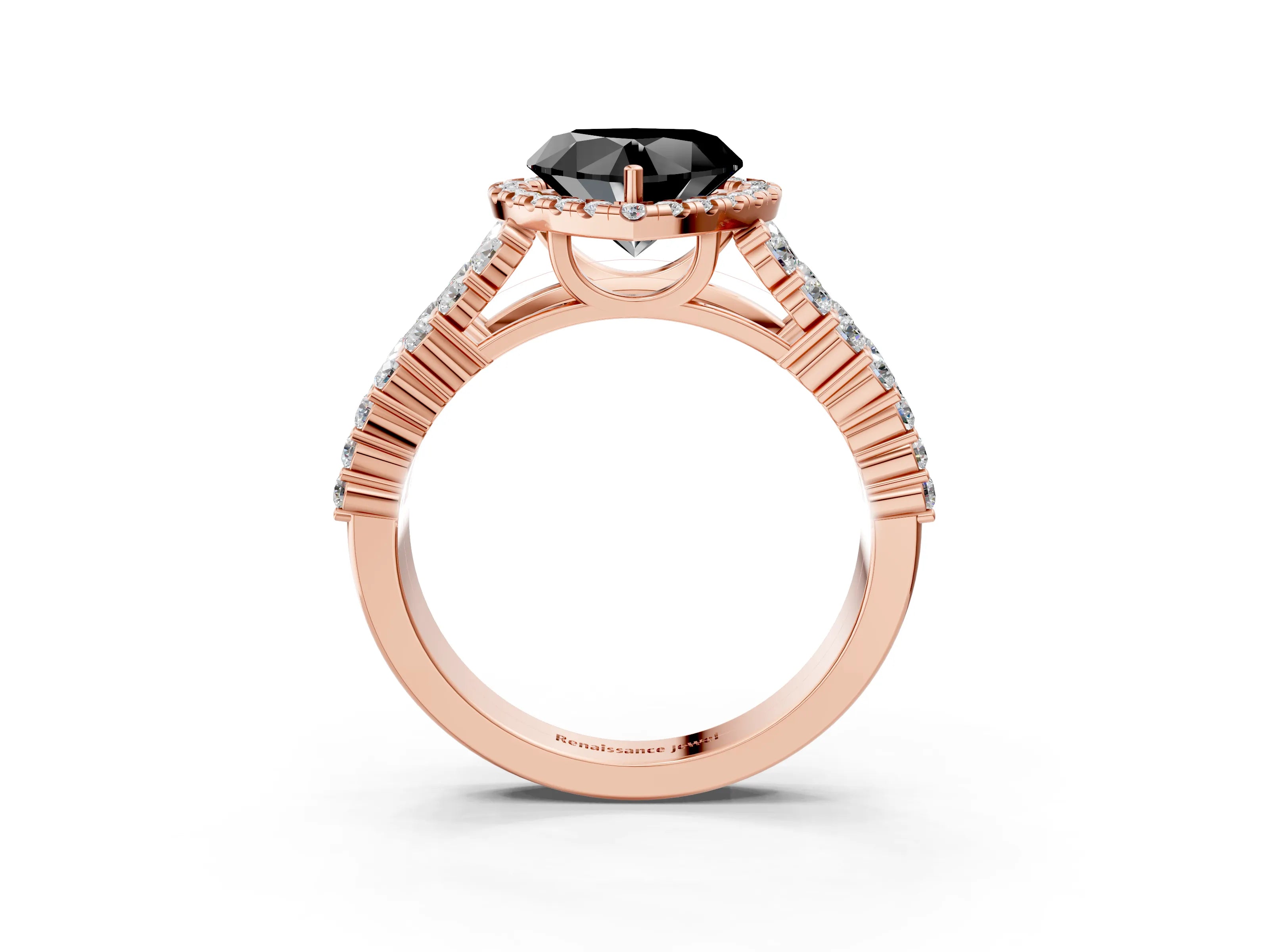 Rose gold Fancy Black Heart Cut Halo Pavé Diamond Engagement Ring with Split Shank and Four-Prong Setting_6