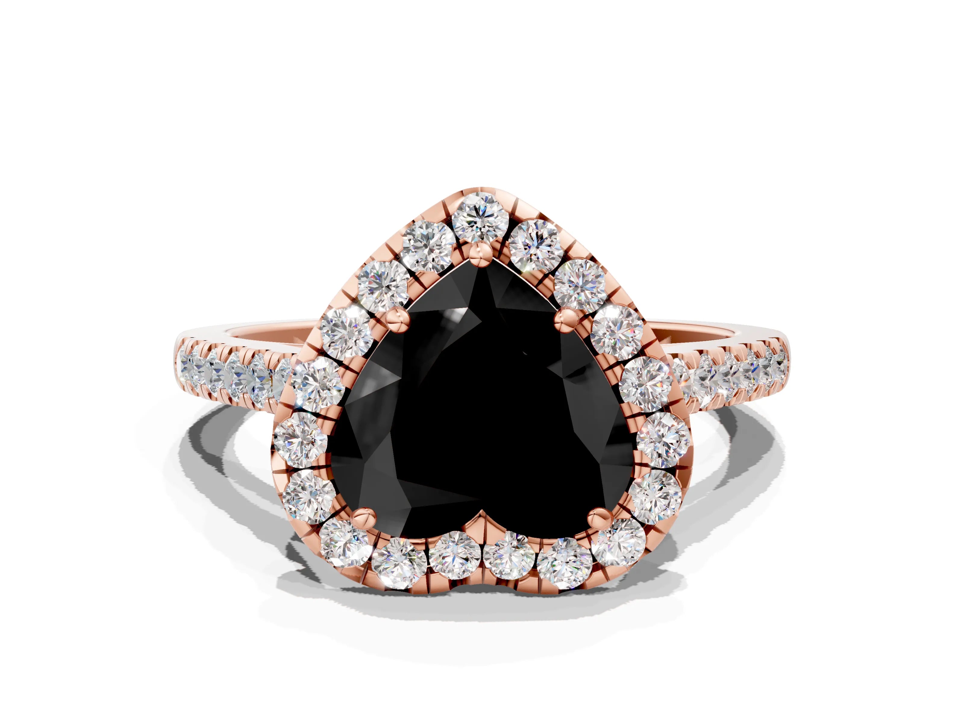 Rose gold Fancy Black Heart Cut Halo Pave Diamond Engagement Ring with Four-Prong Setting