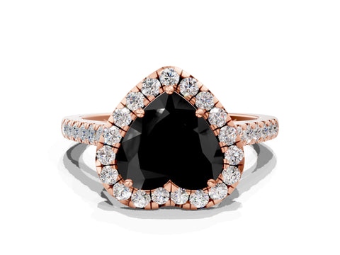 Rose gold Fancy Black Heart Cut Halo Pave Diamond Engagement Ring with Four-Prong Setting